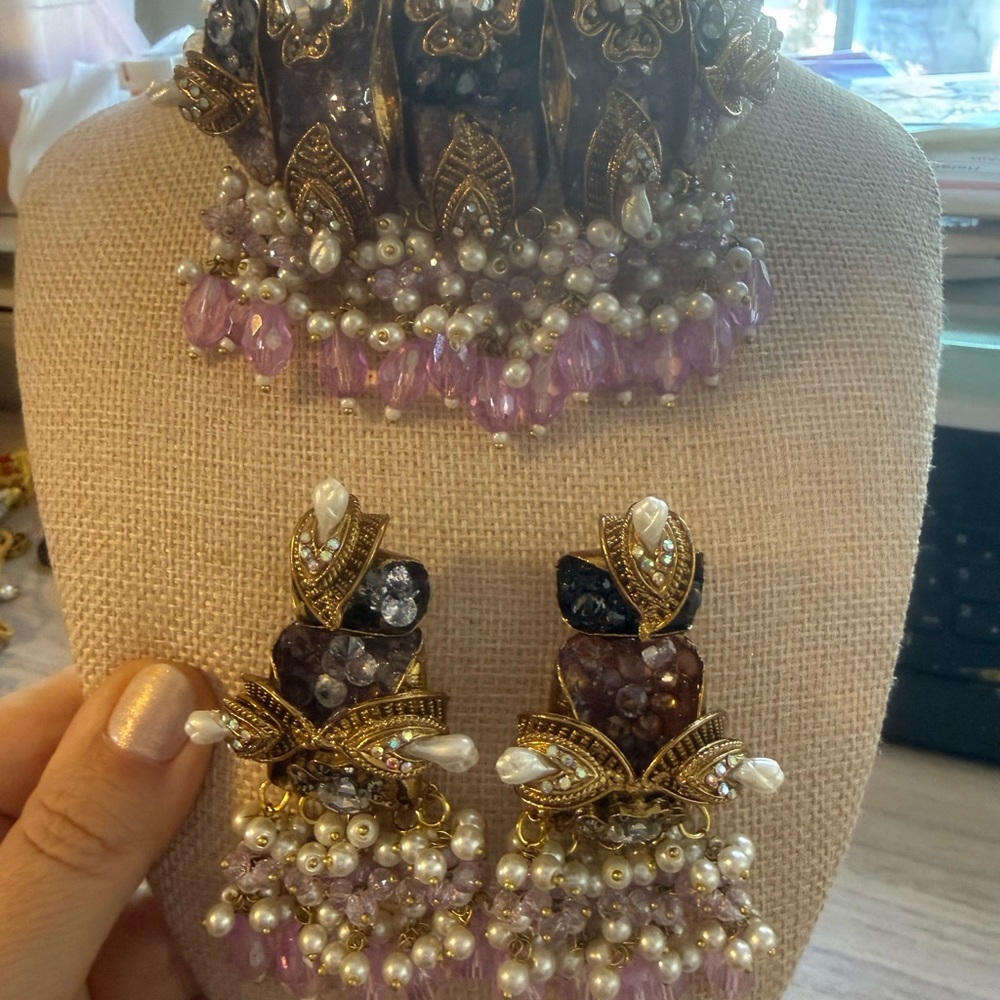 Indian Choker Necklace and Earrings Set Antique Gold Tone Lavender Pearl Crystal